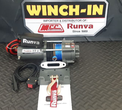 Runva Winch RW3500S – 12V WITH SYNTHETIC ROPE (3 500LBS = 1 588KG) (SUPPLIED WITH CABLE (WIRE) REMOTE ONLY)