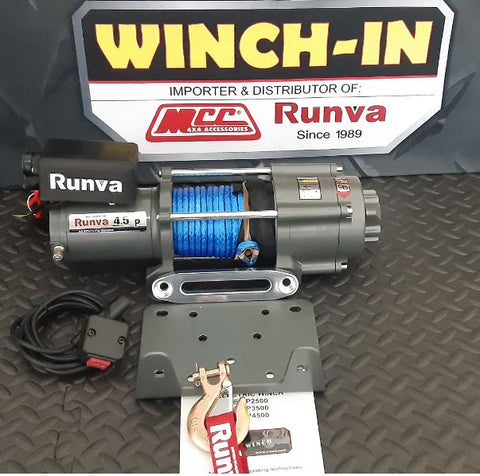 Runva Winch RW4500S – 12V WITH SYNTHETIC ROPE (4 500LBS = 2 041KG)12V (SUPPLIED WITH CABE (WIRE) REMOTE ONLY)