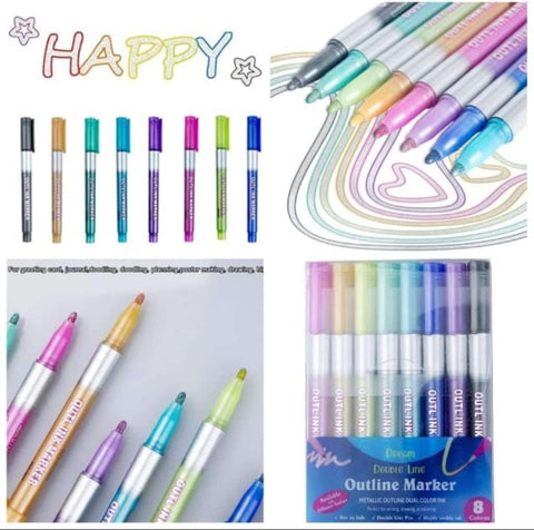 Metallic Self Outlined Marker Pen - Set of 8