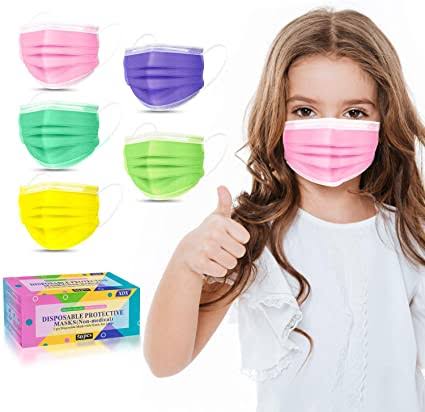 3Ply Kids Disposable Masks - Mixed Plain Colours - 50 Pack