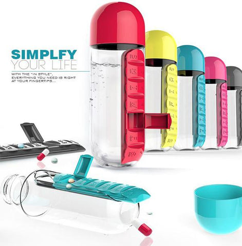 600ml Sport Water Bottle With Built-in Daily 7 Daily Pill Box Vitamin Organizer